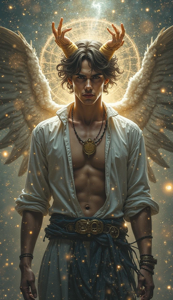 a handsome young man, dramatic pose, eyes closed, sad expression, tears, cracked paper, vintage postcard, medical symbol, Hermes symbol, hyper detailed, hyperrealistic, cinematic lighting, chiaroscuro, digital painting, muted colors, brooding, mesmerizing