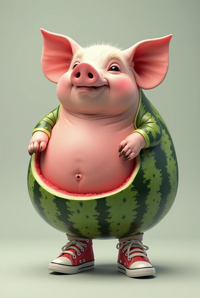 Muscular pig eating pineapple standing up