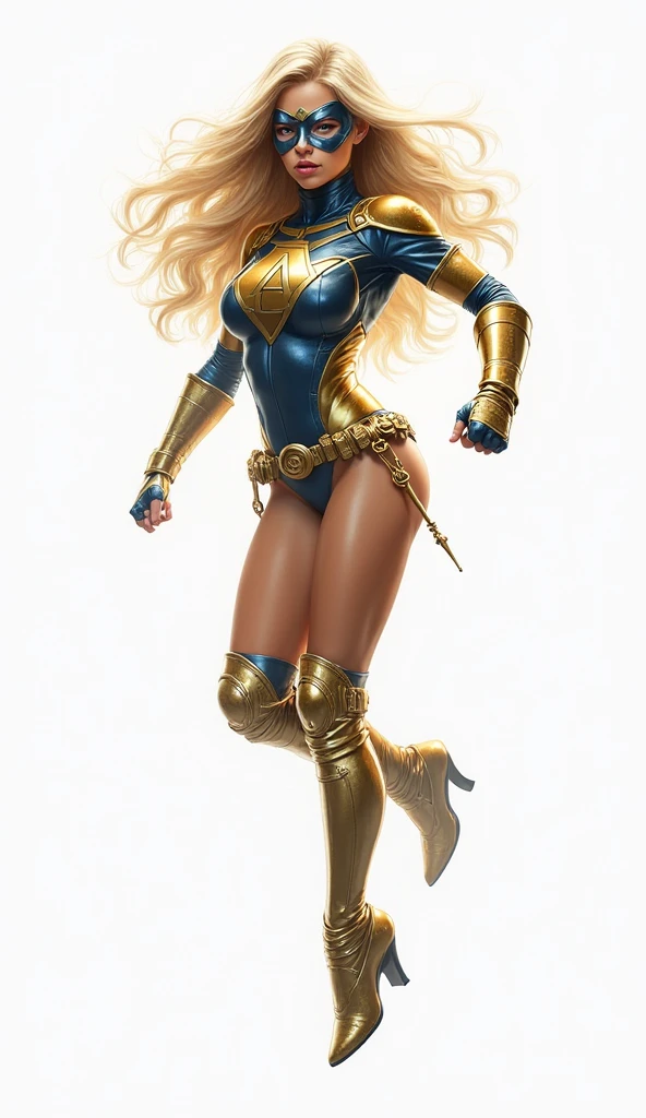 masterpiece, best quality, agrias, black leotard, looking at viewer, blonde hair, superhero, bare legs, eight-man costume, boots, standing