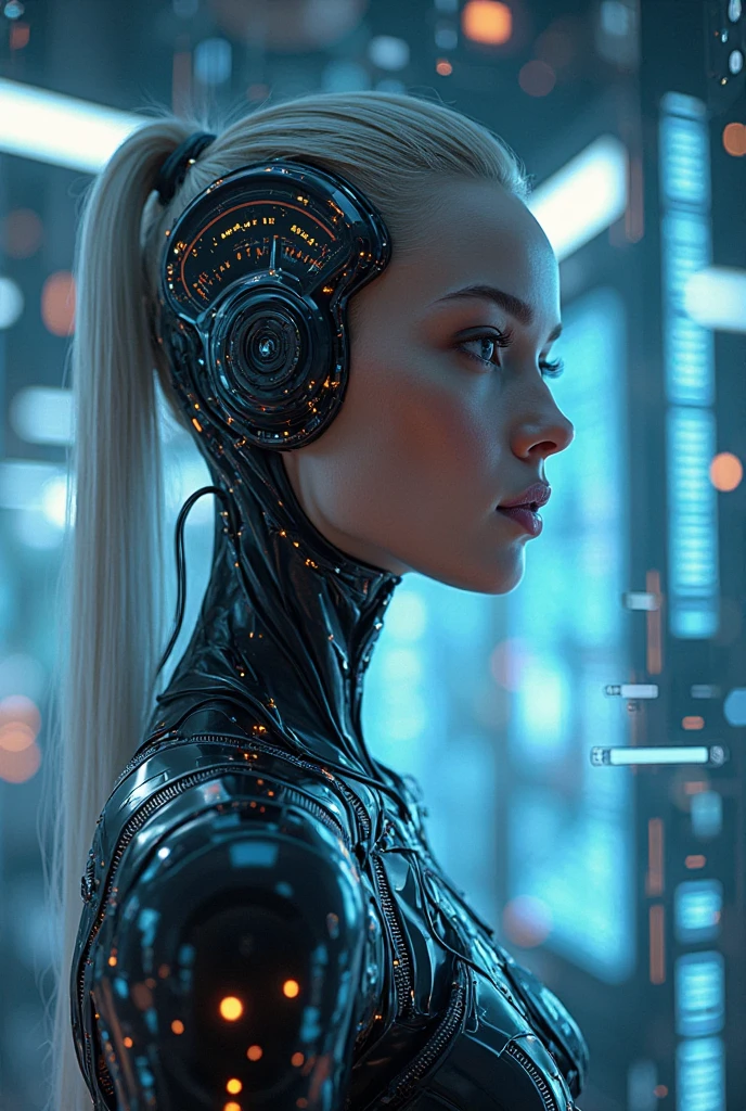 A BIG BOOTY futuristic female android with a white bob haircut, looking melancholic. Her face is a blend of human and machine, with visible mechanical components and synthetic skin. She has tears running down her face, emphasizing a sense of sorrow or emotional depth. Her neck and shoulders are intricately designed with exposed circuits and machinery, showcasing advanced technology. The background is minimalist with faint lines and circuit patterns, highlighting the sci-fi theme."