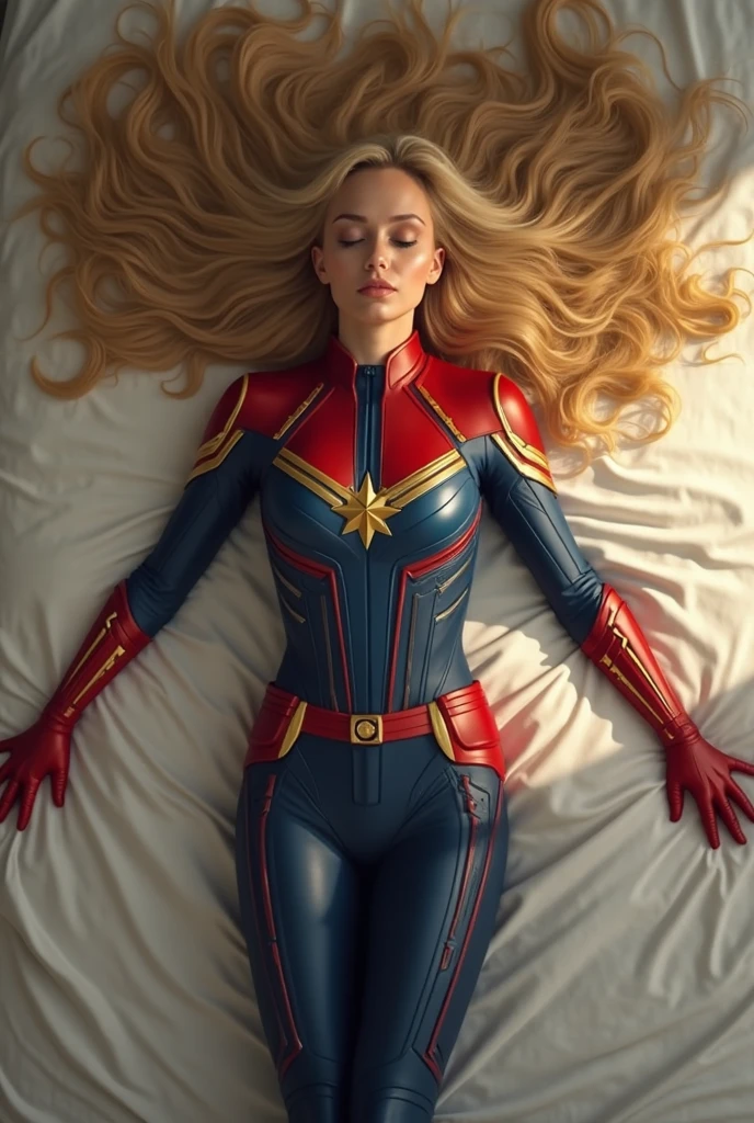 Superheroine with light brown hair wearing a blue leotard with gold stars on it, pantihose, tall hip boots and a cape and is lying on her back with her eyes closed, she’s unconscious. She’s bound, covered and surrounded with different color strands of silly string.  She’s in a street circled  by a group of people