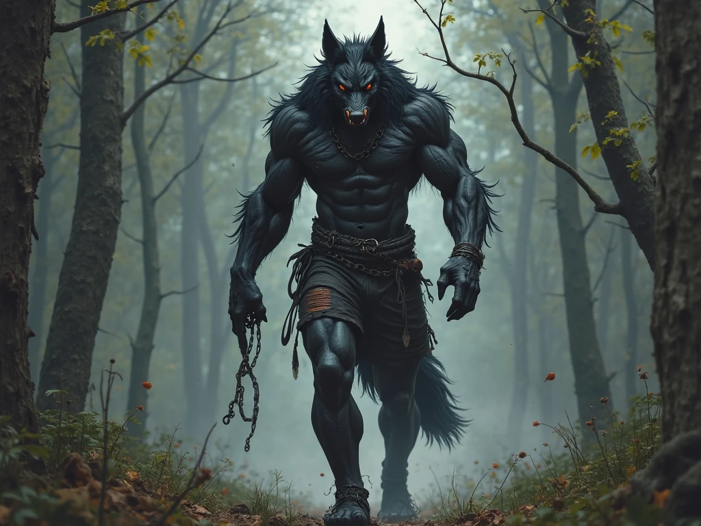  a strong and muscular man, half human and half wolf with wolf ears and a human face and body