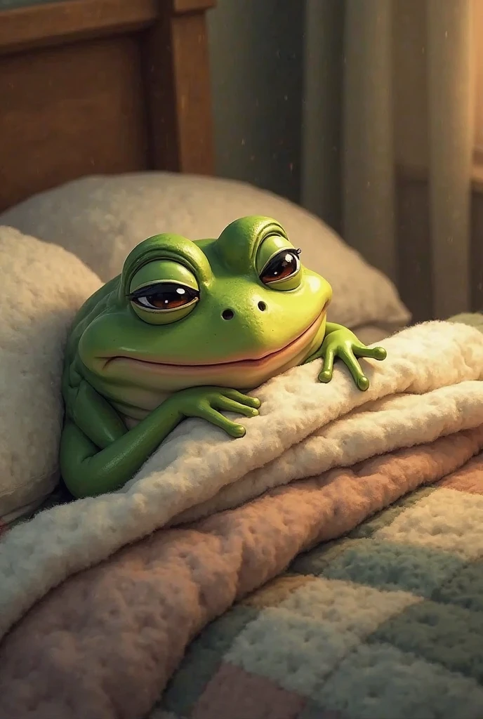 <lora:Kermit:1>, 1boy, kermit the frog, soft fur, detailed eyes, sleeping peacefully, head on pillow, tucked in under blanket, covered up by blanket, soft fluffy looking blanket, lifelike eyes, beautifully detailed fluffy fur, calm sleeping face, [teddy bear under arm], extremely comfortable, high quality, good lighting, high res, (((masterpiece))), 8k, depth of field, ray tracing, detailed background, great lighting, detailed face and clothing, detailed lighting, [cinematic lighting], half body shadow, [backlighting], [detailed ambient light], [gray natural lighting], [ambient light on the belly], [realistic proportions], [sharp focus]