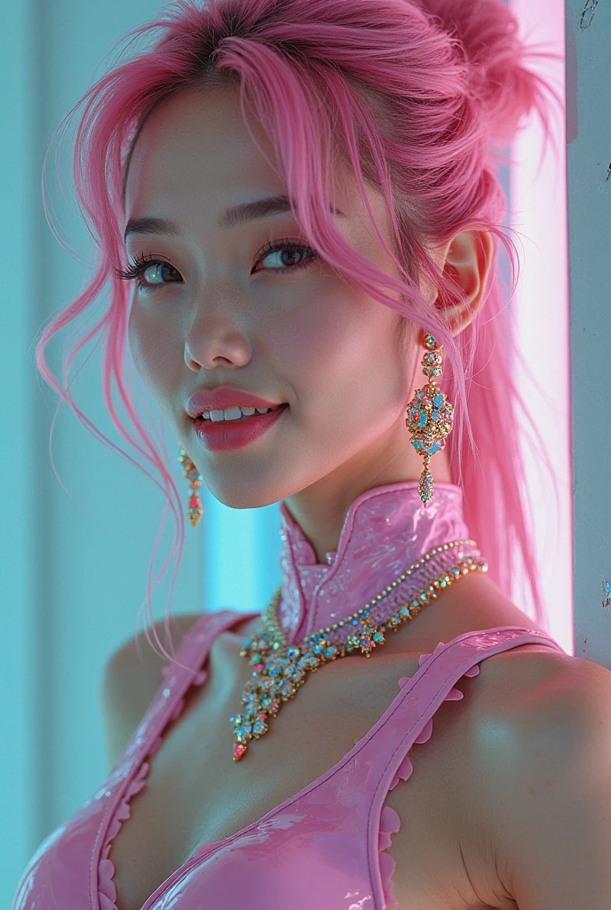 (masterpiece:1.4), (Highest quality:1.4), 超High resolution, 超High resolutionolution, ((Highly detailed facial features)), High resolution, (Realistic, photoRealistic, photo-Realistic:1.37), Whole Body Ezbian, Sexy Swedish Model, (-anime), Vibrant colors, ((Vibrant colors multicolor (fuchsia, pink, Light blue, purple) Very short hair)), (Big smile), Ultra-detailed metallic makeup, Lip gloss, Long eyelashes, Well-defined eyebrows, Wearing large, sparkling, colorful jewels, She is wearing a red silk Paradise Kiss cosplay dress with black floral embroidery, ((Vibrant colors outfit)), Vibrant colors, Looking at the camera, Cinematic Light, wood々Background of a large park with, Sweet and sexy pose