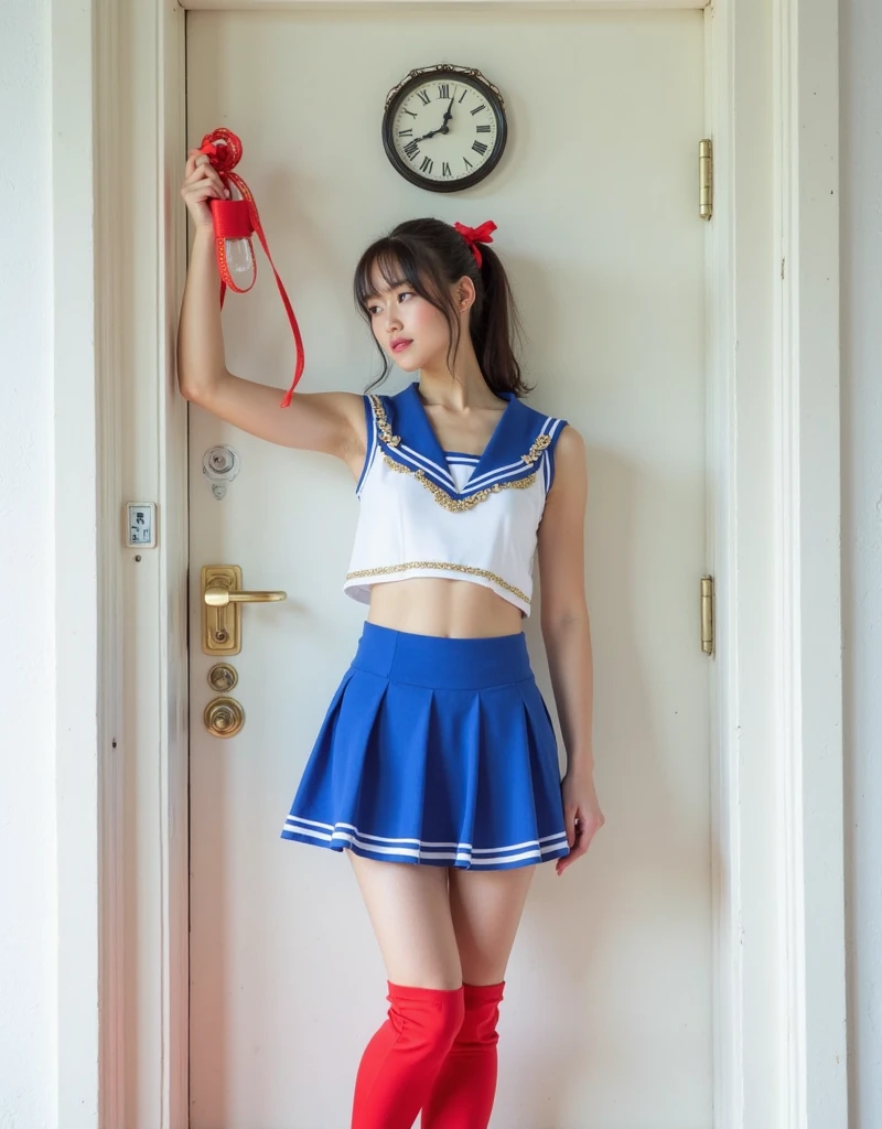 (8x_NMKD-Superscale_150000_G),(8K, Super high quality,highest quality),(masterpiece:1.5),(cowboy shot),one cheerleaders trained by master, , standing in correct posture, (Metal Collar), (Blue sports bra, navel bare, Blue panties and mini-skirt), Become the master's personal cheerleader and obey him faithfully
