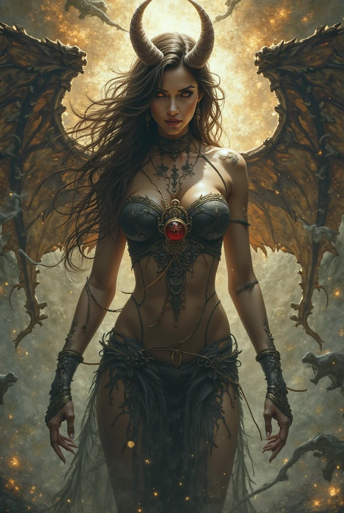 (best quality,4k,8k,highres,masterpiece:1.2),ultra-detailed,(realistic,photorealistic,photo-realistic:1.37),terrifying scene in hell,flames everywhere,winged demons,devil young female defiant gesture, evil gesture,naked,, ,reddish skin,horns,tail,demonic eyes,scary atmosphere,sinister lighting,sulphurous smoke,roaring flames,intense heat,nightmarish landscape,ominous clouds,blood-red sky,,demonic wings,ominous figures,eternal torment,nsfw, exposed , chains covering her bocey, cvhains covering her breast, (chain belts), chains around waist, necklace, ornaments, (subtle nudity:1.1)
