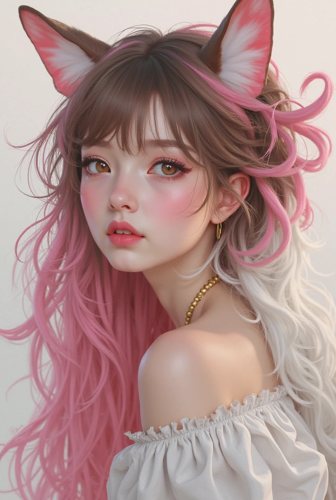 1 girl, close up shot, detailed face, cute face, peach skin tone, smooth skin, blush red cheeks and face, light smirk, long curly hair, attractive makeup, heavy makeup, long eyelashes, long eyeliner, excessive eye makeup, black smokey eyeshadow, heavy eyeshadow, glossy baby pink lipstick, glossy lips, heavy makeup, soft light