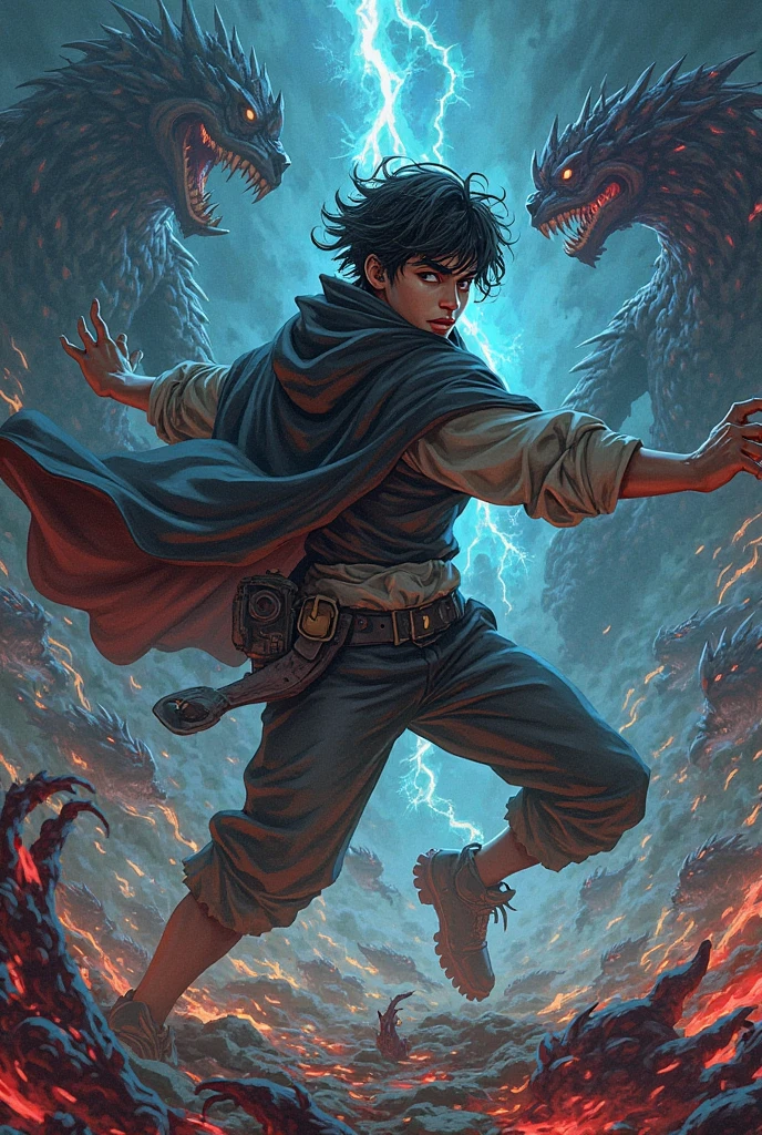 A dark-haired boy with curly hair holding a divine crowbar destroying demons