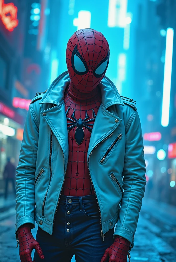 naughty man, looking like a six pack, offwhite, in black leather jacket, with the head of spider-men, 4K, cartoon, futuristic landscape with blue lights, desfocada, just with the mask, Nft

