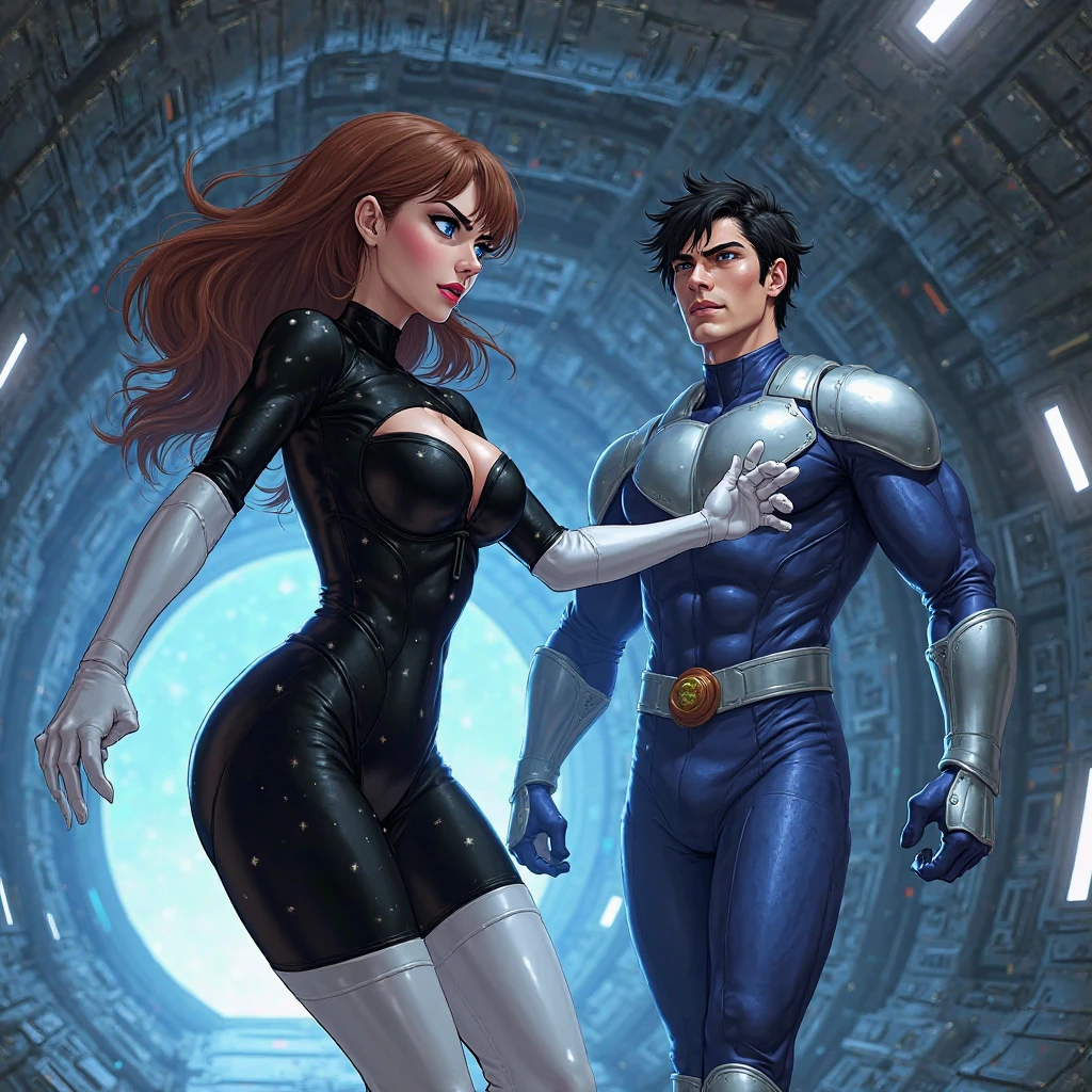 red bobcut hair, buzz cut hair, spiky hair, beautiful woman, wide hips, cleavage, denim jumpsuit, leotard, heavy boots