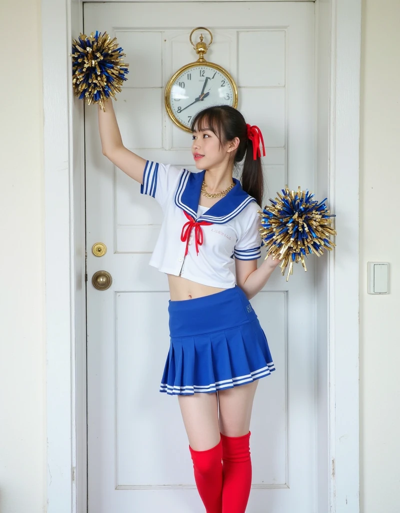 Alaf cheerleader in blue and white costume is doing tricks, in an action pose, mayuri shiina, Highkick, Japanese Models, kawaii playful pose of a dancer, mao hamaguchi, shinkai makoto, japanese mascot, Shiori Teshirogi, [ photos realistic ]!!, yukii morita, leg and hip shot, shiny