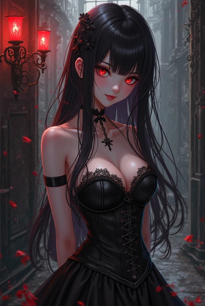 An elegant, ethereal vampire woman with piercing red eyes, long flowing dark hair, and pale, flawless skin. She is dressed in a luxurious, Gothic-inspired gown made of black velvet. Her sensual lips are painted a deep, blood-red color. The atmosphere is filled with an eerie, moonlit glow, casting mysterious shadows across the scene. The artwork is created using a combination of traditional oil painting and digital illustration techniques, resulting in a hauntingly beautiful portrait. The colors are rich and intense, with a dark, moody palette dominated by deep purples, velvety blacks, and hints of crimson. The lighting is dramatic, emphasizing the vampire woman's delicate features and adding an additional layer of mystique to the scene. The final image is of the highest quality, with intricate details, realistic textures, and a captivating sense of depth.