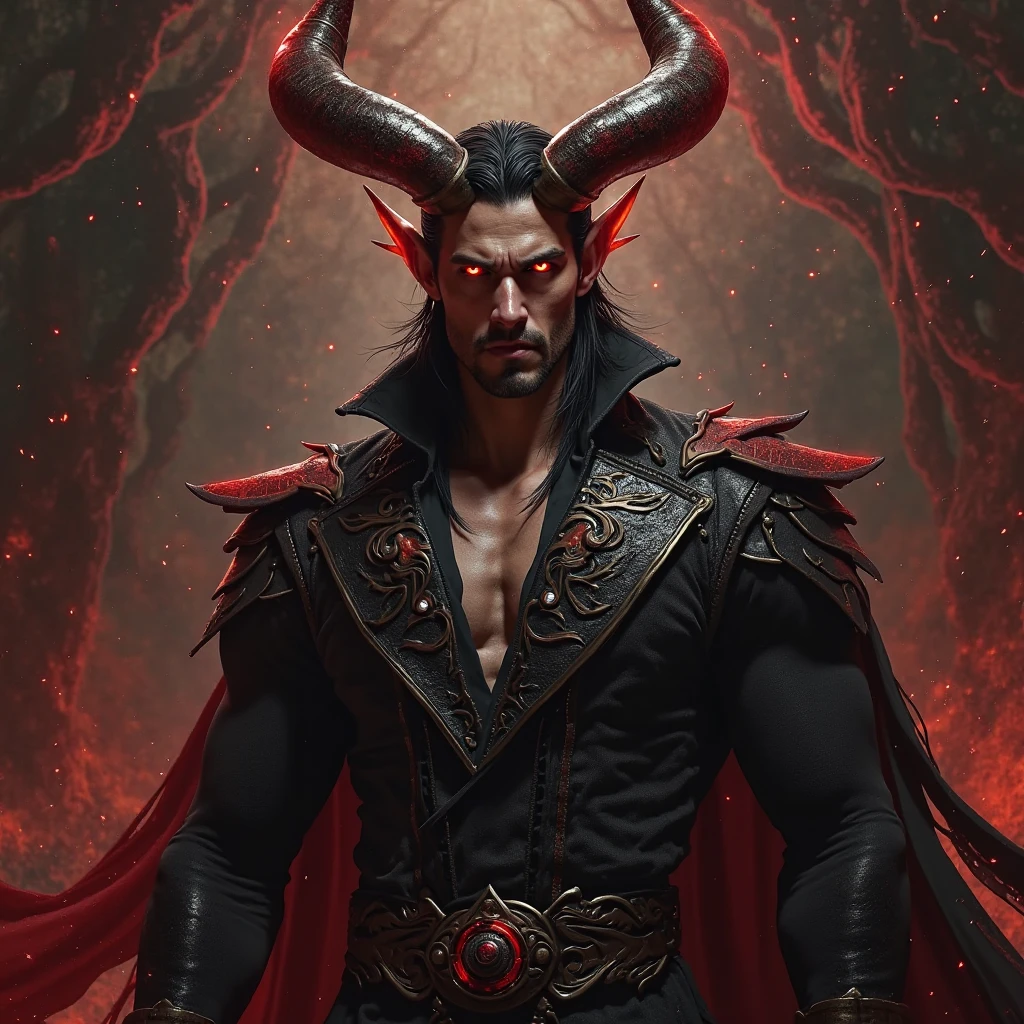 (best quality,realistic:1.37), detailed abs with horns, intense red eyes, sharp teeth, wearing tight black leather pants and a large shallow black leather cloak