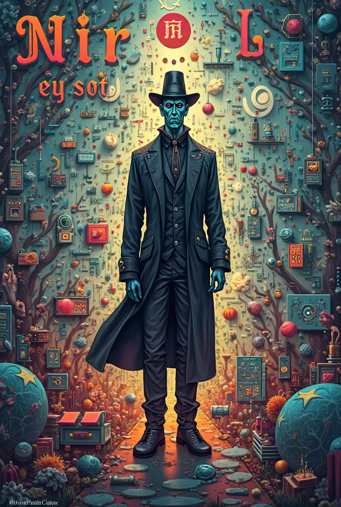 8K, Alien wearing a top hat and smoking a cigarette, Hyper, cyber punk, Made from ruins, Skyscraper, Taipei City, Painting of a tree with a bridge, Fantasy valley with trees, Highly detailed fantasy, Fantasy Tree, Colorful detailed dreamscape, Cosmic Tree of Life, Boy looking at pictures
