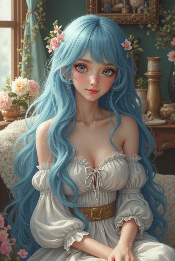 A loli draped in white gauze is tied to the bathroom by black chains,She has long light blue hair,Green eyes,