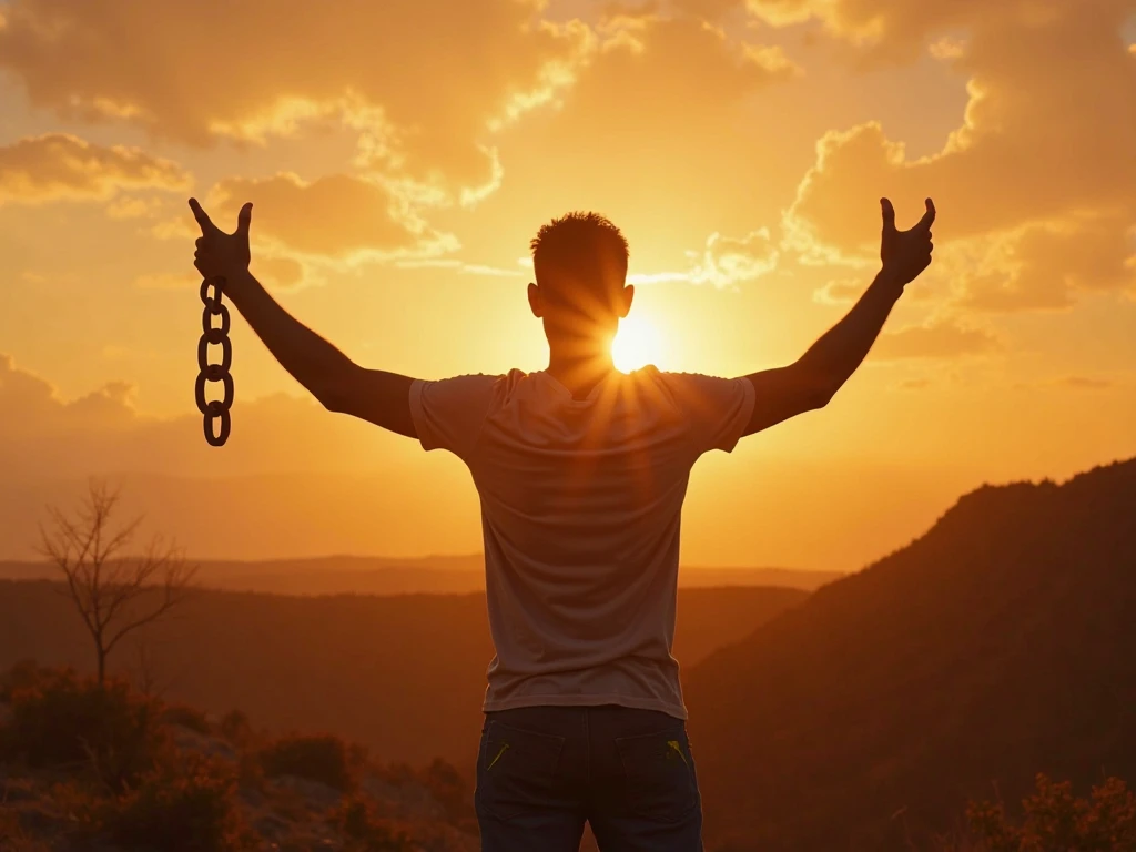  young man alone with beautiful sky at sunset, open both arms with chains on his arms He felt free from the handcuffs tied to his arms