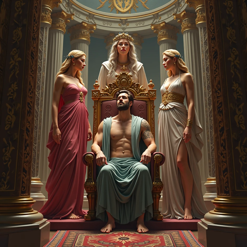 Zeus, the king of the gods in Greek mythology, sits on his throne on Mount Olympus. He is surrounded by his wife, Hera, and his other children. He has a wise expression on his face, and he is clearly contemplating the affairs of the world.