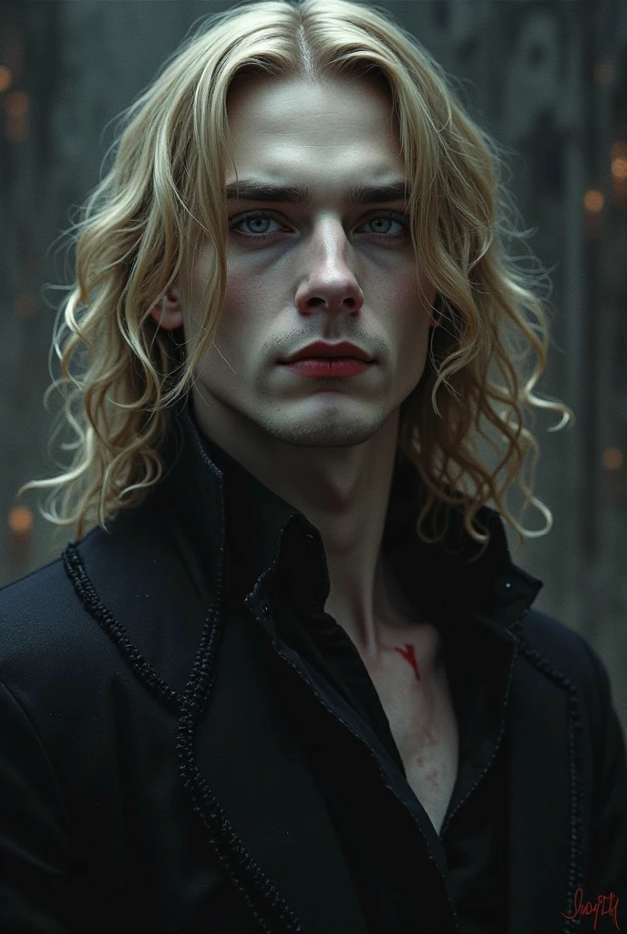 Muscular vampire boy, smiling mischievously revealing fangs, pale skin, blue eyes, medium blond hair, half naked, in a dark gothic castle