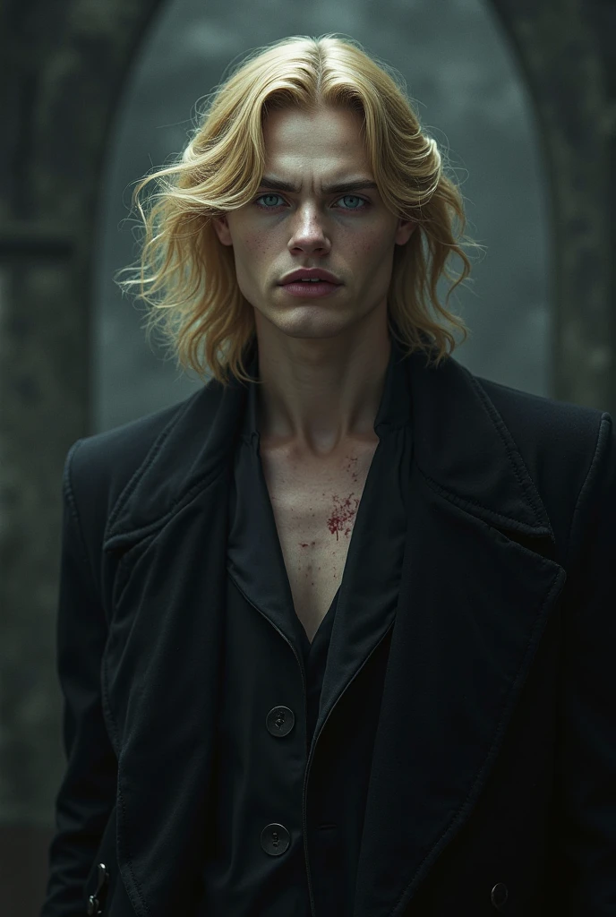Blonde vampire man with blue eyes in the middle of the night, seductive with rosary on neck, medium length hair, and smooth hairless skin