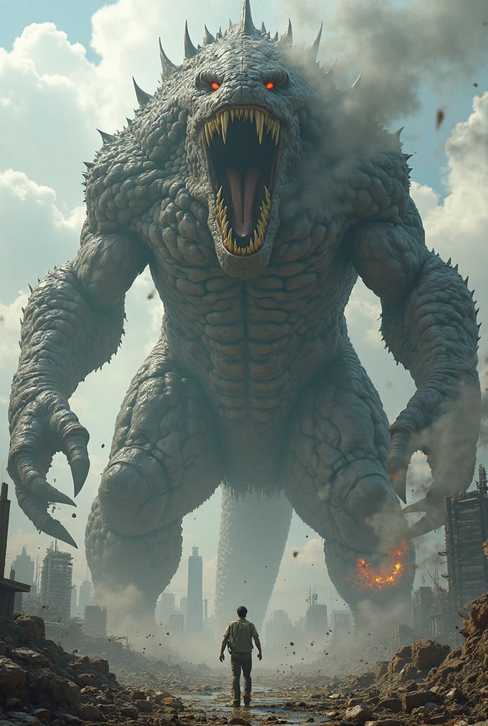 a giant terrifying kaiju monster, photorealistic, 8k, highly detailed, intricate, muscular anatomy, glowing eyes, sharp fangs, claws, scales, destructive power, towering over the city, urban landscape, cloudy sky, cinematic lighting, moody atmosphere, dark color palette