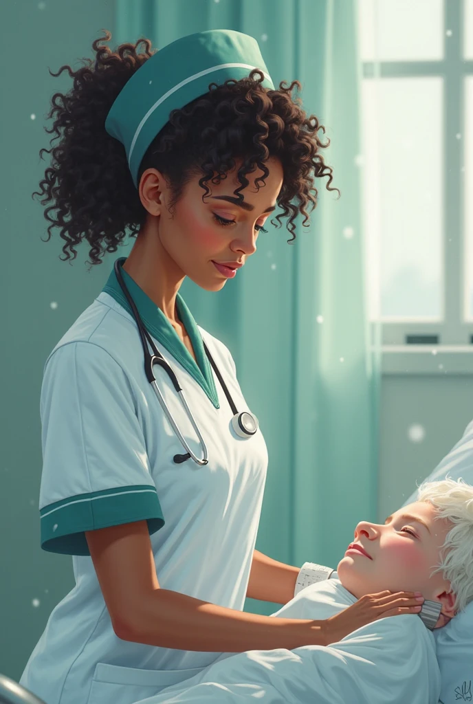 In a medical office Afro-Haitian nurse,  very nice nurse, taking the blood pressure of a patient who is quite worried about his health, lying on a medical bed. Cadre medical, fabulous, colored, spacious, visible grassy plant. Beautiful setting. 