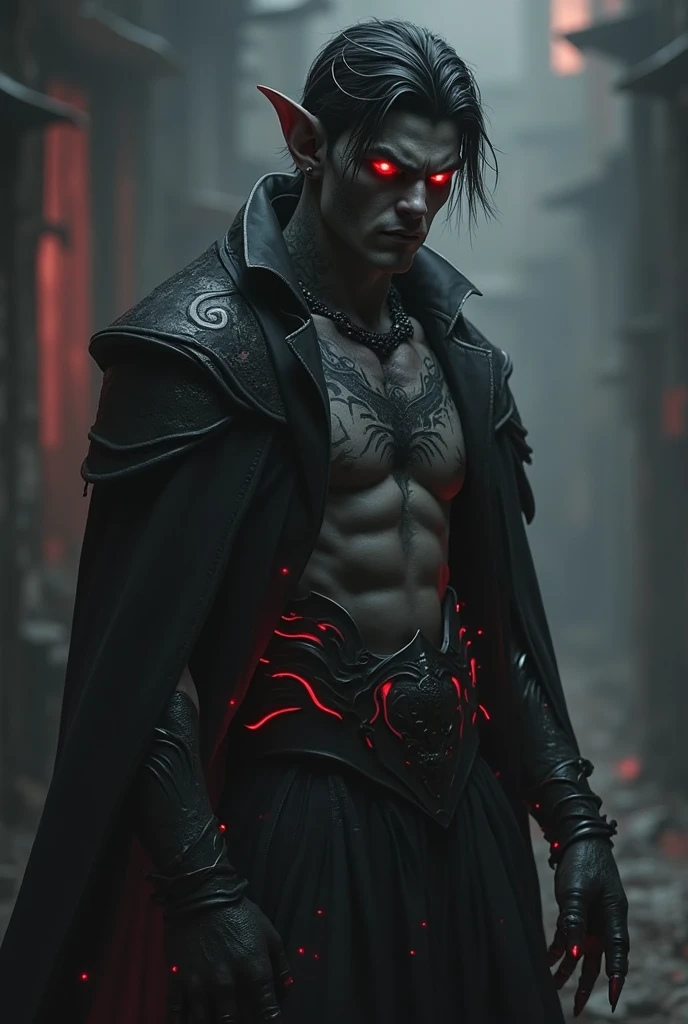 an awarded profesional photo ofMalus Darkblade - A brooding Dark Elf warrior with mismatched eyes, clad in enchanted black armor., ultradetailed, intricated face,(face details:1.1),perfect eyes, ideal body posture,perfect body proportions, by jeremy mann, by sandra chevrier, by maciej kuciara,(masterpiece:1.2),(ultradetailed:1.1), ultrasharp, (perfect, body:1.1),(realistic:1.3),(real shadow:1.2),photo Fujifilm XT3, ,(perfect body proportions:1.1)<lyco:GoodHands-beta2:1>, intricated hands,(by Michelangelo),(profesional lights:1.3) (profesional photography:1.3),in Shadowspire Tower: A towering black tower that looms over the surrounding landscape like a specter of darkness., cowboy shot (character focus:1.1), depth of field, anatomically correct hand, perfect anatomy, ideal limbs, ideal arms, ideal hands