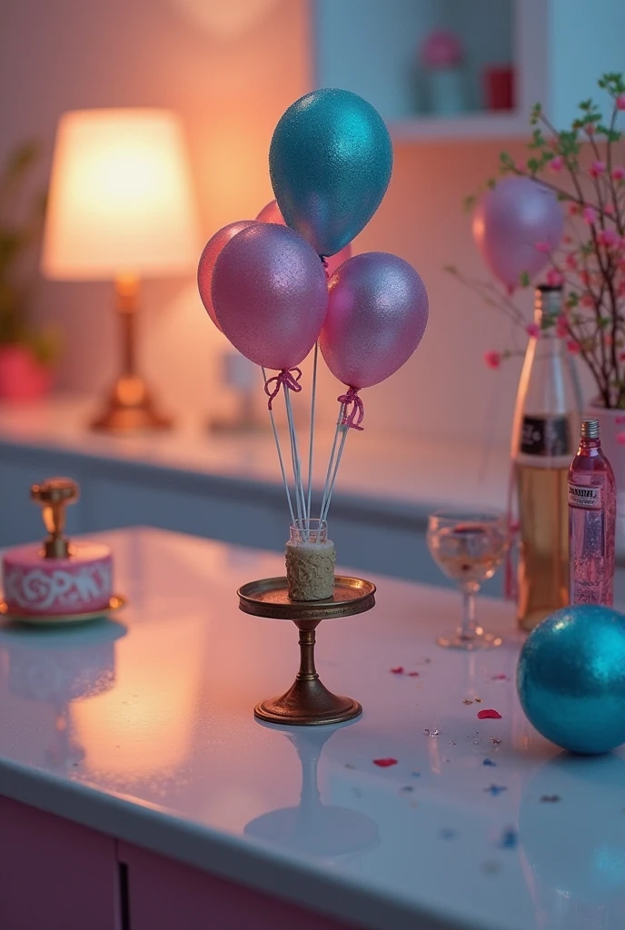 studio, Photography concept for black table, Streamers, Red candles, Several bunches of grapes, Grape leaves, centered around a glass of wine, There were a few bottles of wine next to it, Light comes in from the left, Bright environment, Celebrating New Year 2024, Golden balloons, Silver balloons