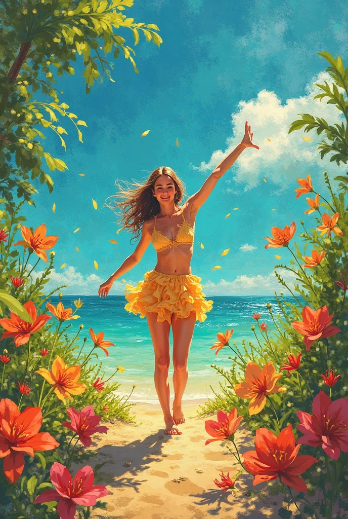 abstract fractal art, (smiling:0.6) barefoot hawaiian girl, sunset,