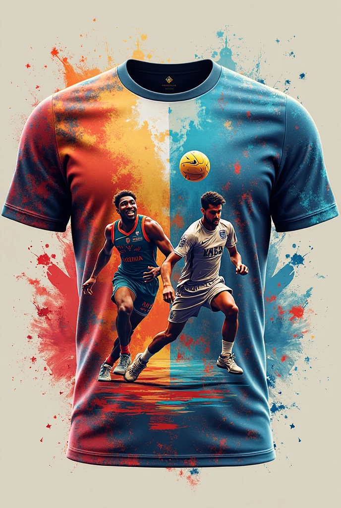 Make me a white shirt,blue neckline,blue sleeve and the design in front is for our intramurals and the theme is blue. The sports are basketball,volleyball,running,soccer. Make the design more interesting. Put some people doing the sports.