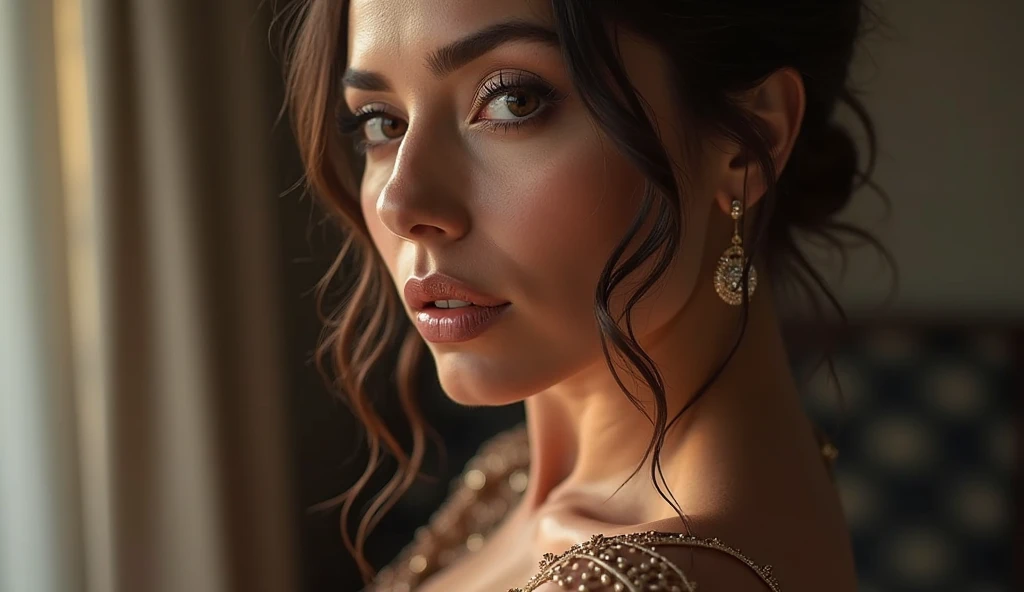 (masterpiece), (extremely intricate:1.3), (ultra realistic), portrait of a girl with exceptionally beautiful facial features and a perfect, fit beautiful body structure, the most beautiful and hottest in the world, (elegant evening dress with intricate beadwork), black hair styled in an updo, standing in a luxurious ballroom with a chandelier, professional photograph of a stunning girl detailed, sharp focus, dramatic, cinematic lighting, octane render unreal engine, volumetrics dtx, (film grain, blurry background, bokeh, depth of field, spotlight, soft shadows)