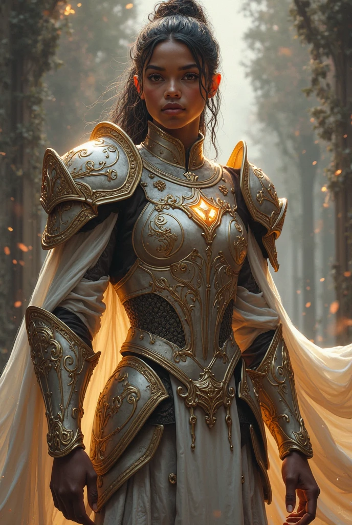 A close-up of a heroic, radiant warrior with a gleaming, intricately designed armor adorned with ornate patterns and glowing crystals. The figure's face is partially obscured by a sleek, elegant helmet, with determined and noble eyes shining through. The warrior wears a long, flowing mantle with a soft, white hue, edged in gold, exuding a sense of divine protection. The background is a luminous, mystical realm with a blend of ethereal light and soft focus, evoking the grandeur and epic fantasy of the Final Fantasy universe. The scene is infused with a sense of hope, courage, and the eternal struggle between light and darkness, digital art