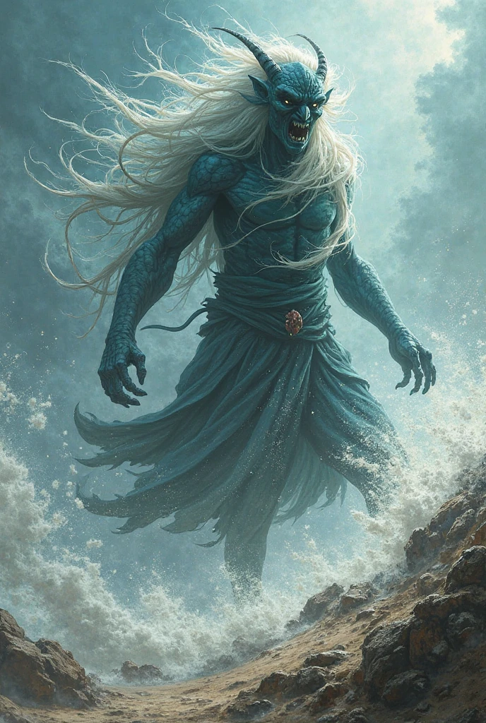 full body, swimming, fish man, merman, trident in hand, cloth clothes, green skin, fish bowl, throwing the spear, fundo branco, mais detalhes de peixe no corpo do personagem, e no fundo do mar