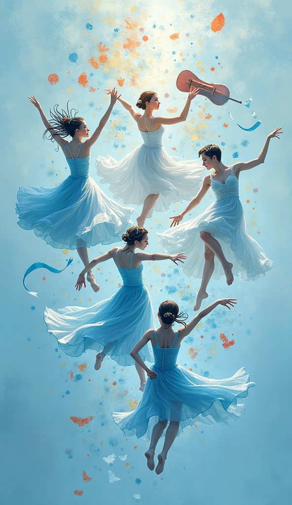 Create a painting that represents the essence of the card "The Dance of Life" and conveys balance and harmony in all areas of life. Use a palette of soft colors and pastel tones to create a tranquil and serene atmosphere.

In the center of the painting, depict a human figure in a dance posture, with arms outstretched and body in motion. Paint it with colors that represent different aspects of life, such as shades of blue to symbolize tranquility, shades of green to represent nature and balance, and shades of pink to convey emotional harmony.

Around the central figure, paint elements that represent the different aspects of life. For example, you can include elements that symbolize work, such as a watch or briefcase, and elements that symbolize fun, such as musical instruments or objects related to hobbies. Balance these elements harmoniously and distribute them symmetrically in the composition.

Create movement in the painting through soft, curved brushstrokes that extend from the central figure and spread across the space. These brush strokes can represent the fluidity and flexibility needed to find balance and harmony in life.

At the top of the painting, paint a serene sky with soft, delicate clouds. These clouds symbolize the sense of peace and tranquility that arises when we find inner balance.

Finally, add small details of natural elements, such as flowers, leaves, or butterflies, scattered throughout the painting. They represent the connection with nature and the importance of connecting with wisdom and the natural cycles of life to find balance and harmony.