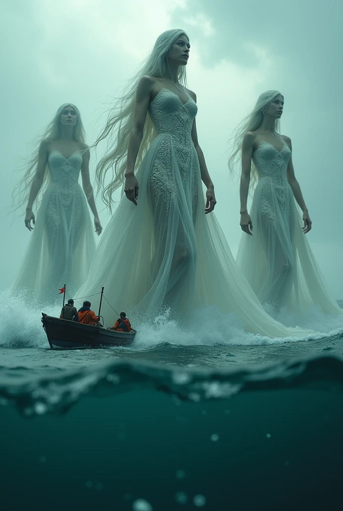 Realistic:1.3,RAW Photos:1.3,
Three sea goddesses ten times larger than a ship,see-through dress, 
small boat in rough seas,
(((Bottom view,from below, Wide shot))),