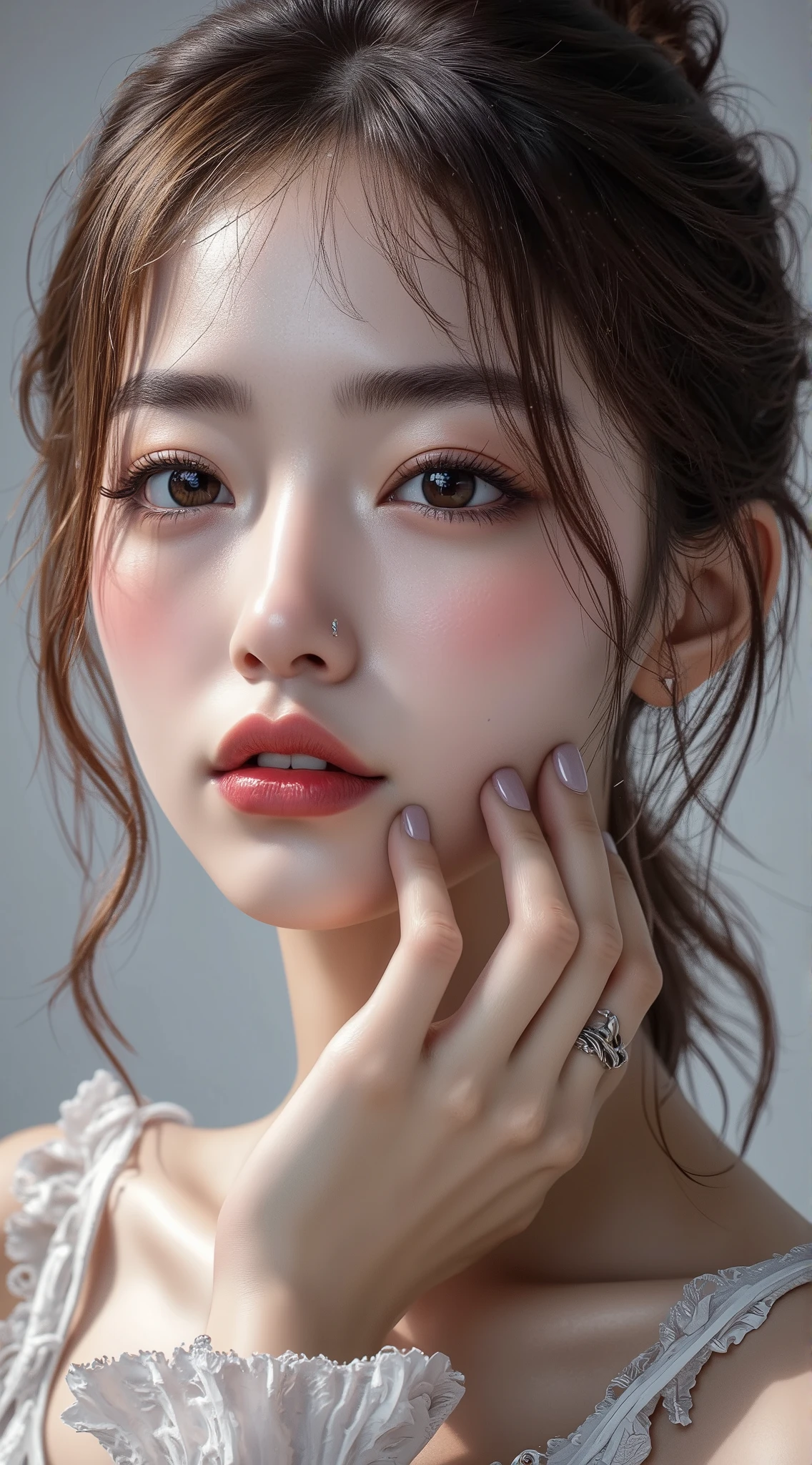  Realistic (photorealistic Realism), (high resolution), ((intricately detailed digital art)), professional photography, ((portrait)),(a cute and very beautiful, 1 Japanese girl, famous Japanese Kpop idol:1.3), (ultra realistic texture details: velvety skin, hair),(close-up of her eyes),((sharp focus, no blurry eyes, high resolution, absurd quality, Realistic brown_eyes:1.4),intricately detail:1.35),((extremely fine details eyes))((extra narrow eyebrows))(extremely fine details pupils).,((focus on the face, open mouth, joyful expression)),((perfect dark_eyeshadows:1.4)),(apply glossy red_lipstick:1.3),(perfect proportions:1.2),(anatomically correct), perfect female body, full bodyesbian, ((Beautiful long legs in good style:1.35)), ((no bra, no panties:1.3)), (medium butt), (skinny body build),(perfect hot model body:1.4), ((slim belly: 1.2)), (muscular body), (discret smile, gentle expression),(spread legs in squatting position),dslr,best high quality soft lighting,sharp focus captured by Fujifilm XT3,f 5.6,in a dramatic lighting\), Skin\(white,pale,smooth,silky,shiny\), (Erotic:1.3)、(dynamic random fancy, professional hairstyles:1.32)、((random expressions))、medium ass、 beautiful cheekbones、((firm and full breasts:1.38)),  slim face, (anatomically correct),  BRAKE , [[{"((sits on bibycle her vagina in Vaginal_chrome_chair_((long_dildo))_insertion:1.7))"}]] (Erotic:1.5), Open your mouth,smile,abdomen,chest,hip,thighs,Earrings,jewelry,(Super detailed figure:1.2\), BRAKE , { "(((from behind:1.2))) | closeup bubble butt ((look at the viewer)) | (shot above the knee) | ((from below:1 . 25))" } 