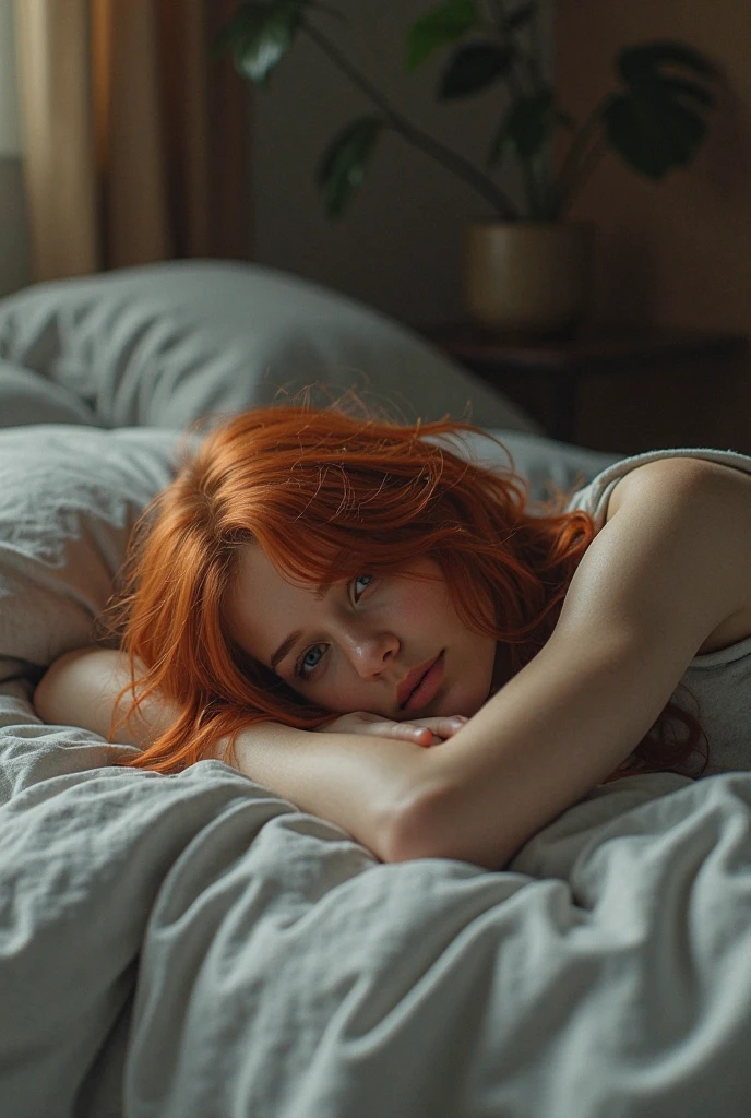 a beautiful 16 years old girl with wavy reddish copper hair lying on a bed, wearing a light pijama