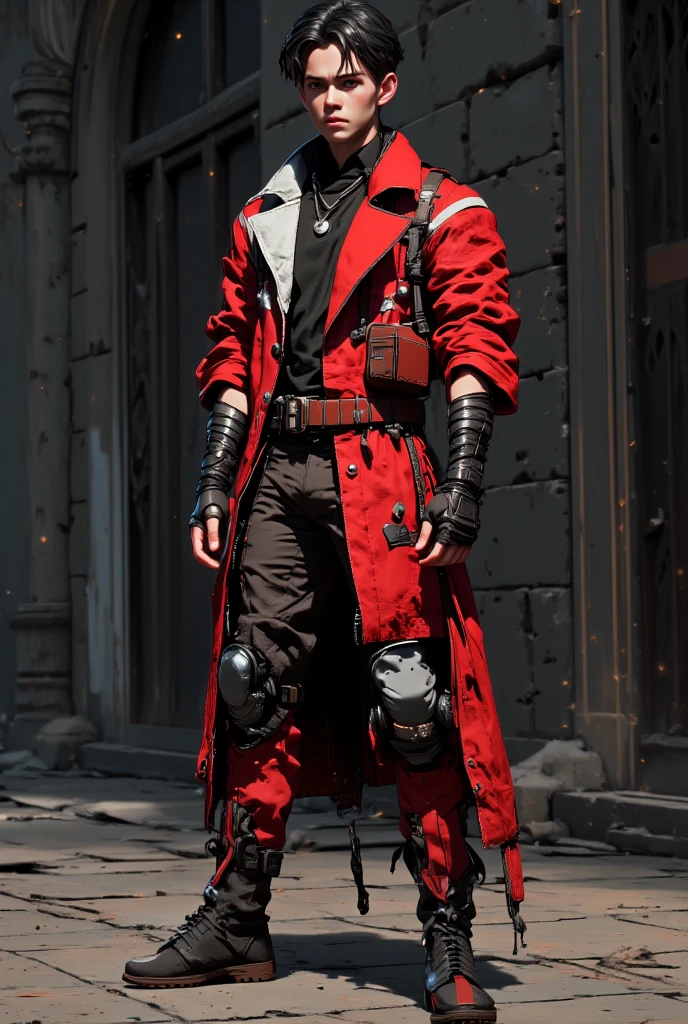 Create a well-styled male Character Design Sheet character wearing a cool outfit, red and white with some black details and some accessories 