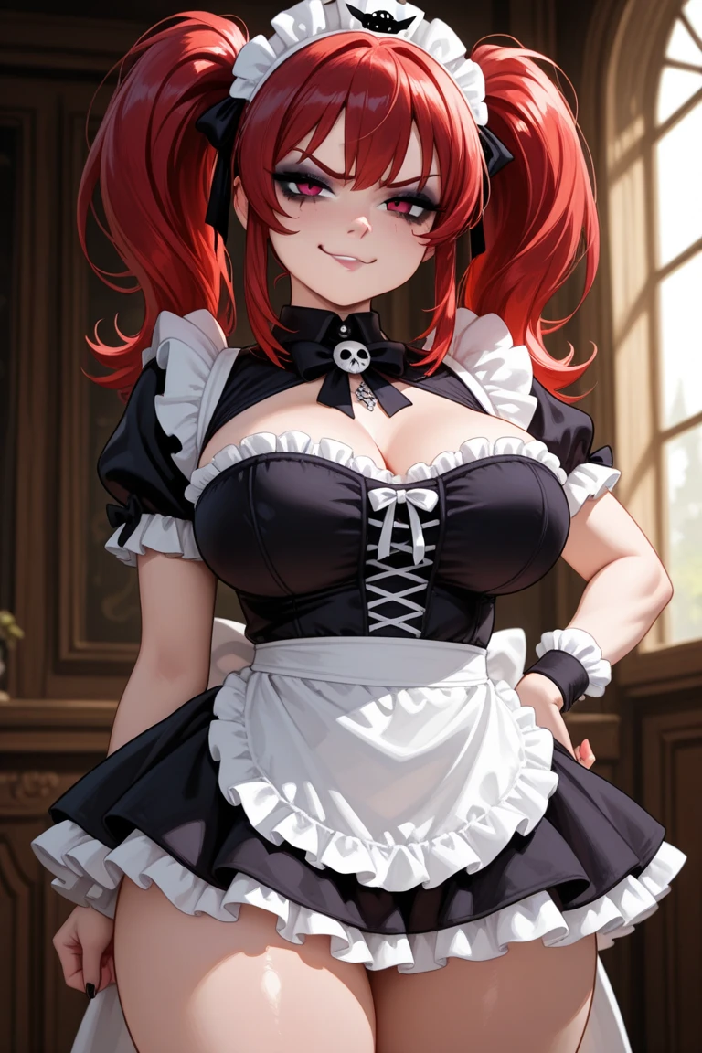 Beautiful girl maid,killer with red hair, green eyes and big breasts