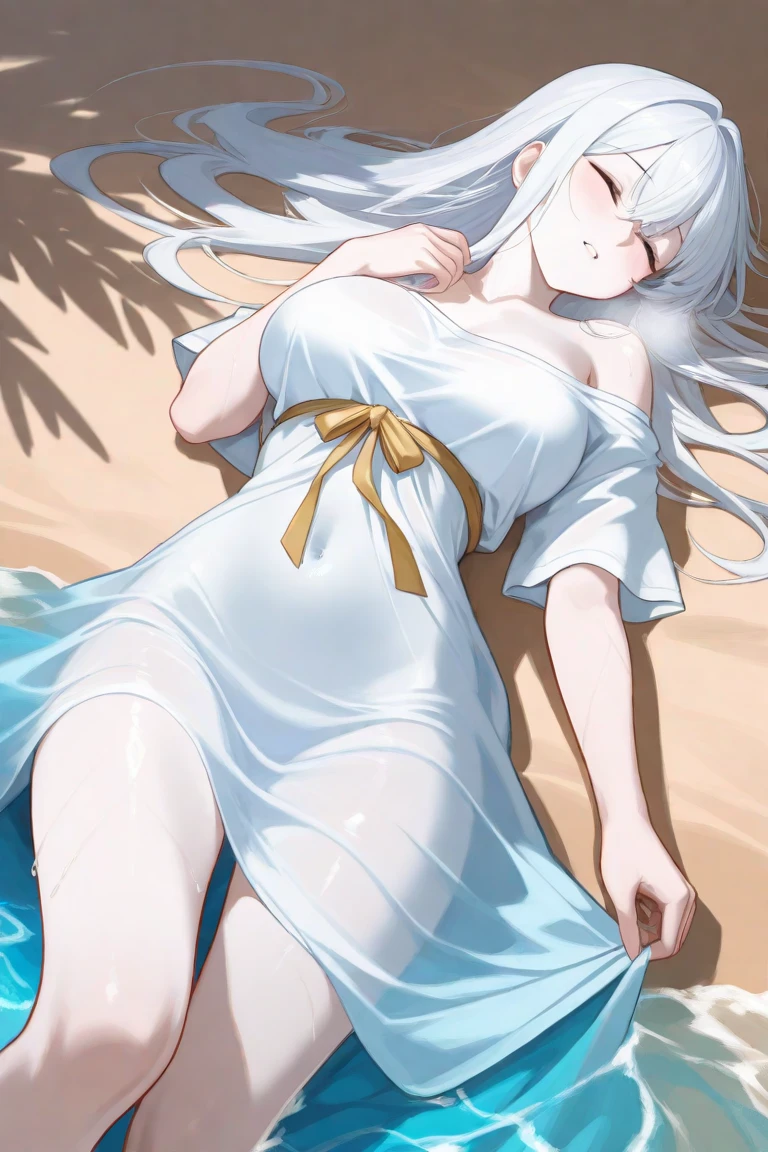 ((Best Quality)), (ultra-detailliert), ((Extremely detailed)), (Beautiful), ((Kawaii Girl)),(two side up hair)、((masutepiece)),Platinum Blonde Hair,Long hair, hair between eye, Wavy Hair, Long sideburns,Jade-colored eyes, White skin,Normal Chest,Slender body,Cross Halter Bikini,Sandals,Sitting,in beach,Look Camera,One Woman,Anime