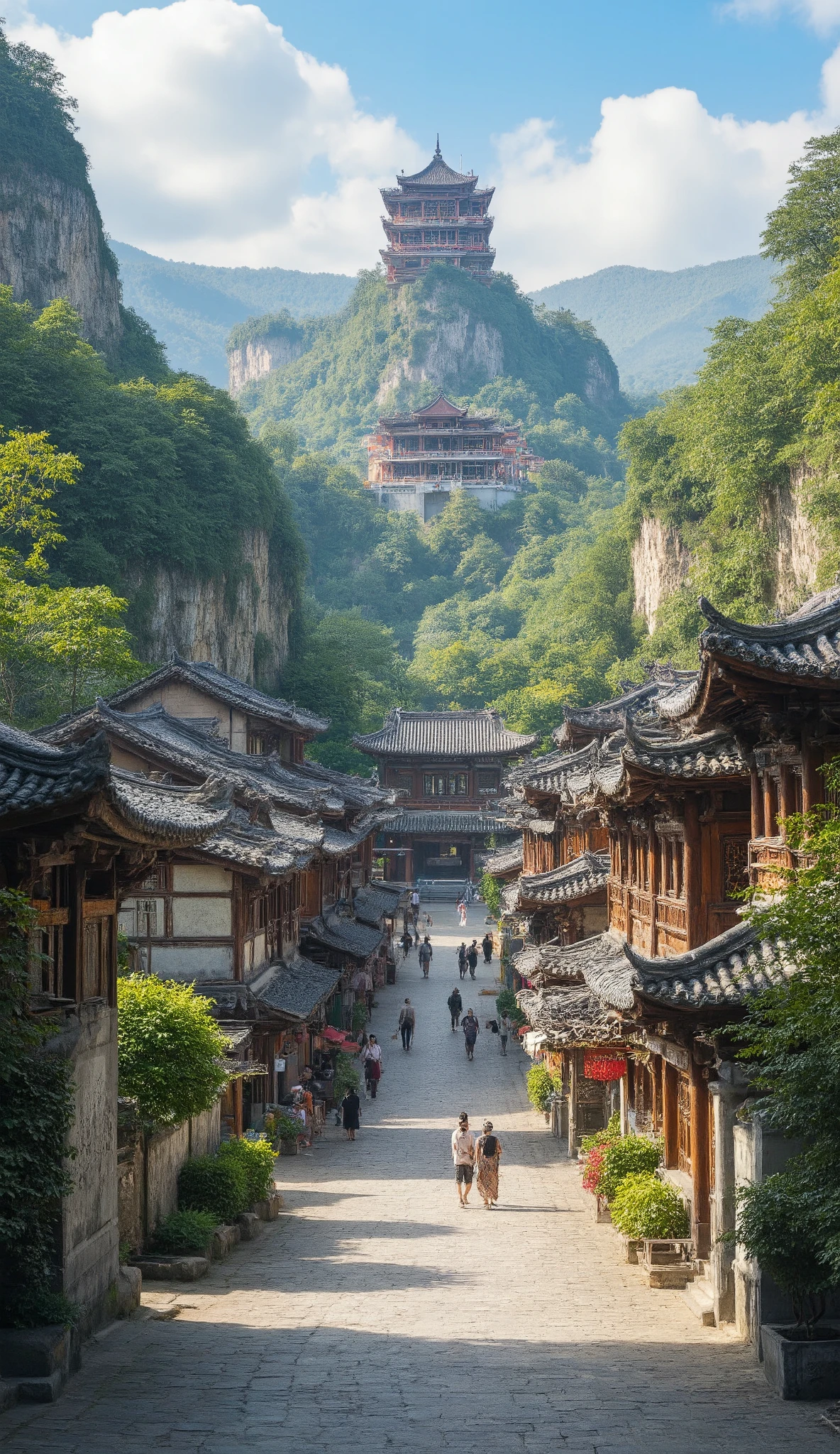 The、Asian village in a ravine、ロス・トランの写真です♪絵のように美しい背景、temple digital painting、cyberpunk、background in high definition is an ancient castle、a dream city in China、Highly Detailed Digital Paintings、highly detailed digital paint、Detailed Scenery 。