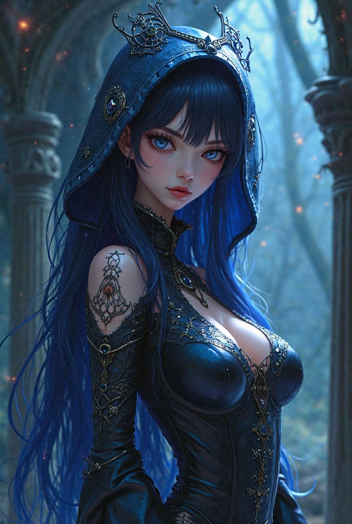 Create a photo realistic hyper realistic heavily tattooed chinese, perfect face, thin curved natural eyebrows, long luscious eyelashes, black eyeliner, black eye shadow, curved lips, bright lipstick, long luscious natural hair, black lace choker collar, golden ratio body, black corset, black thong, sitting in a bed one and in hair the other hand over mouth,