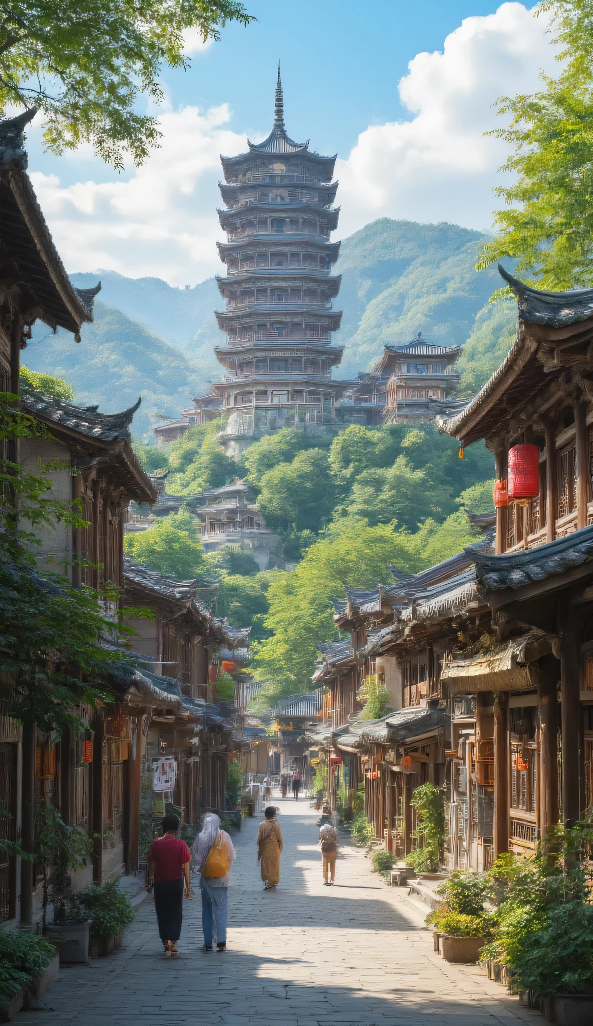 The、Asian village in a ravine、ロス・トランの写真です♪絵のように美しい背景、temple digital painting、cyberpunk、background in high definition is an ancient castle、a dream city in China、Highly Detailed Digital Paintings、highly detailed digital paint、Detailed Scenery 。