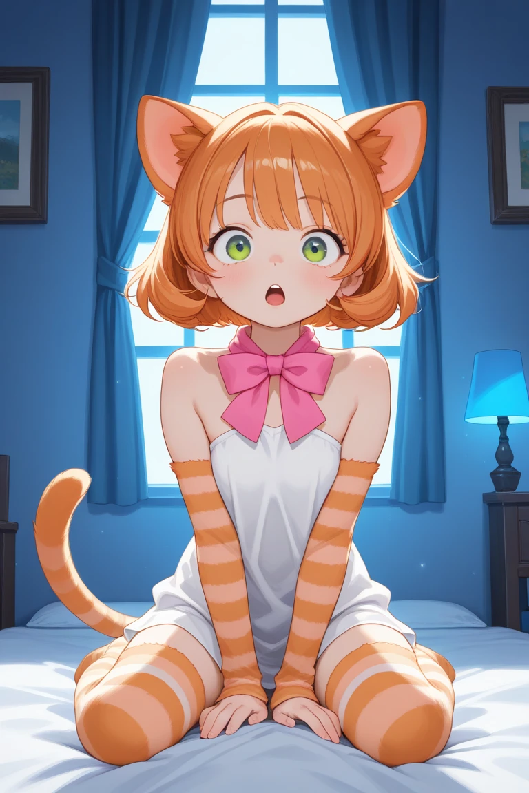 score_9,score_8_up,score_7_up, an Anthro furry mouse girl, gadget hackwrench from chip and sales rescue rangers, orange brown hair, blue eyes, pink nose, tall and slender body, hourglass figure, wearing sexy blue bra and thong, kneeling, on a bed, indoors, hands between legs, sexy pose, grinning, in a bedroom
