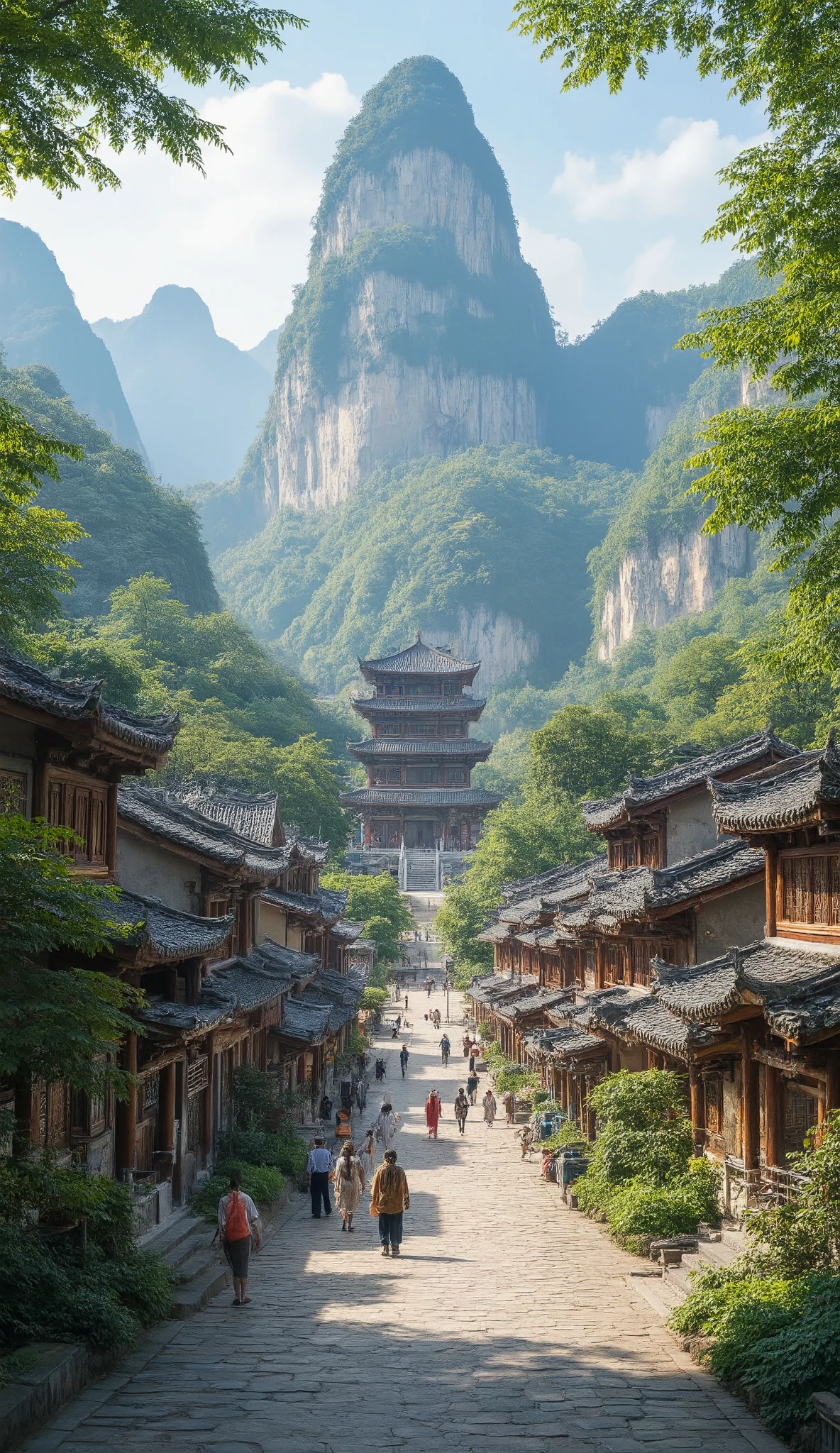 The、Asian village in a ravine、ロス・トランの写真です♪絵のように美しい背景、temple digital painting、cyberpunk、background in high definition is an ancient castle、a dream city in China、Highly Detailed Digital Paintings、highly detailed digital paint、Detailed Scenery 。