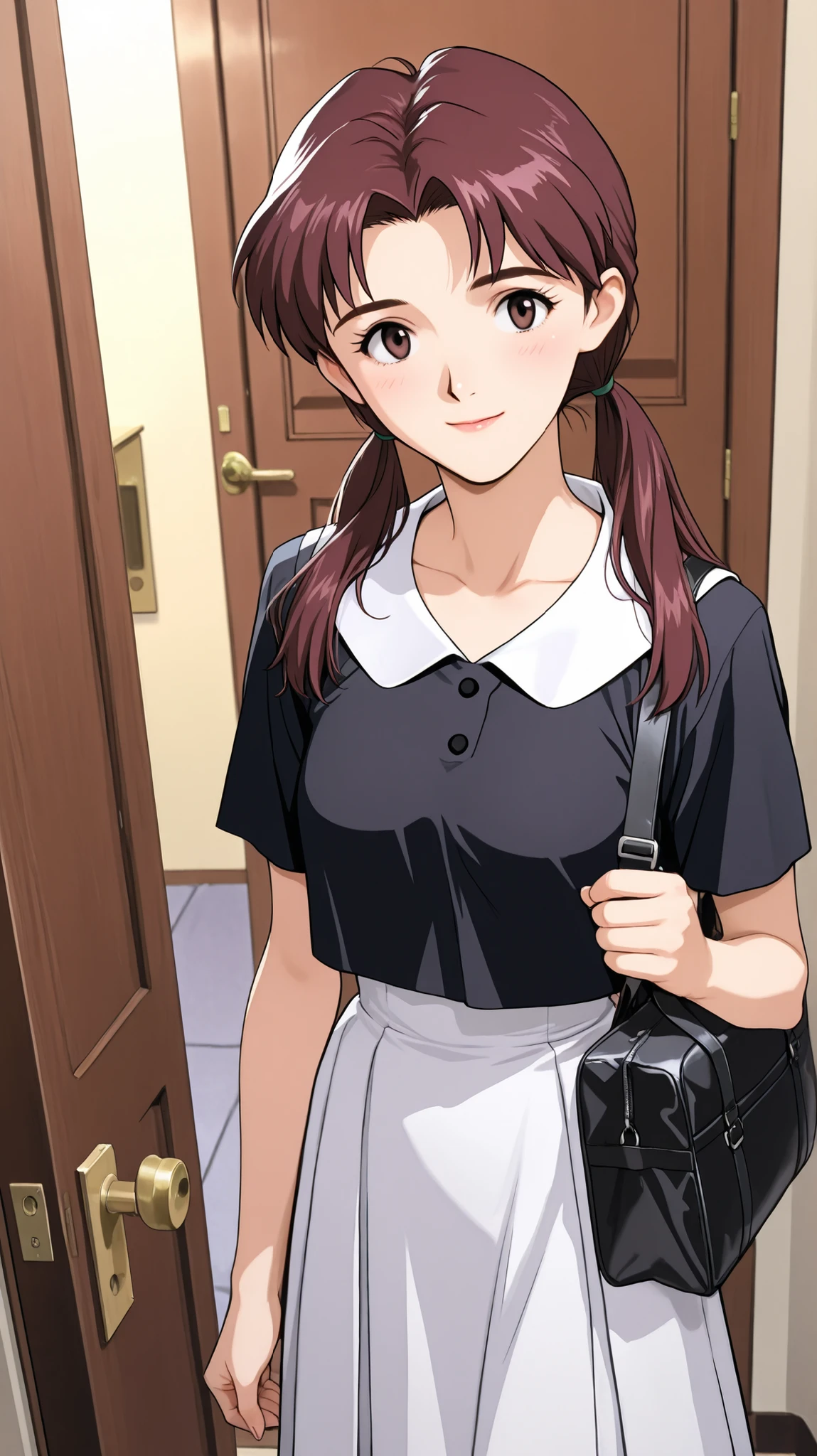 HD　Akagi Ritsuko solo　elementary school age　hair is brown　Second growth period style　open the door from the front door of my home　I'm hanging my bag on my shoulder　Strange Face