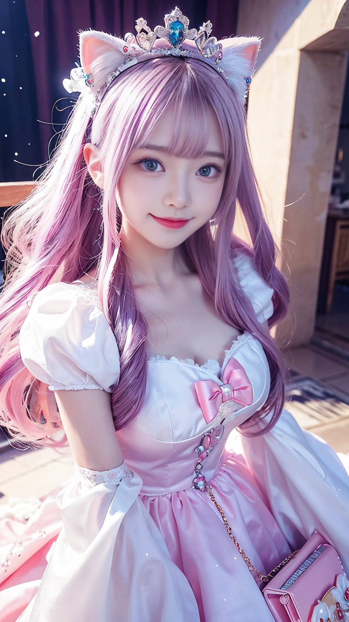 (Awareness-raising:1.1)、(Highest quality)、(masterpiece:1.1)、(Beautiful and vivid background:1.25)、(masterpiece、Highest quality、Ultra-detailed)、(Photorealistic)、(Beautiful and fine details)、Big Stage、Stage lighting、(Pink Hair、Redhead)、
One Girl、alone、Looking at the audience、Cowboy Shot、Upper body、
Ayumu Uehara、Yellow Eyes、Ruffled Dress、Pastel Pink Dress、A light smile、Depth of written boundary、(Pastel pink gloves:1.4)、Frilled gloves、Sweeping bangs、
Exposing shoulders、Close one eye、Rounded teeth、
Love Pose,Double V,