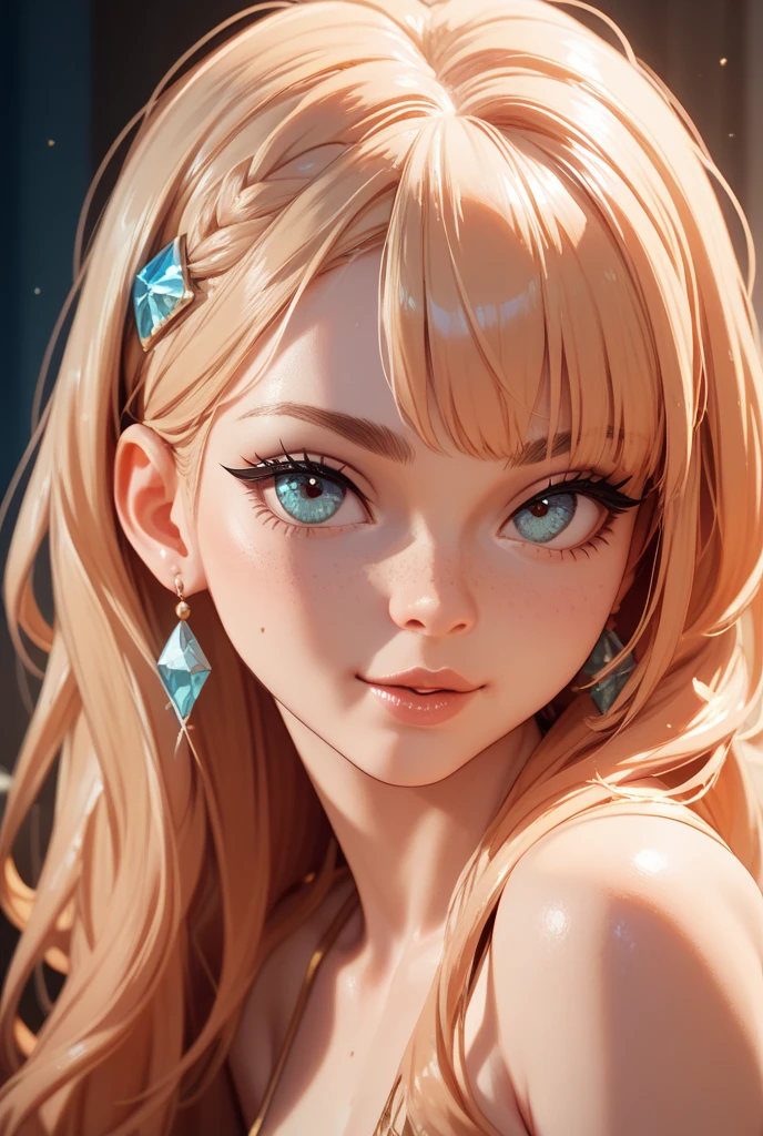 Browsing Caution,masterpiece、highest quality、High resolution、High-quality images、8K, 2 female、skin luster、Glowing Skin、Skin Texture、Expression of fine eyeasterpiece,8K, 
masterpiece, highest quality, High resolution,
blonde、short、girl、topless、Face close-up、smile、Plump lips、Open your mouth、High nose、Straight nose、star-shaped pupils:1.4、Golden Eyes、eye shadow、Thick eyebrows