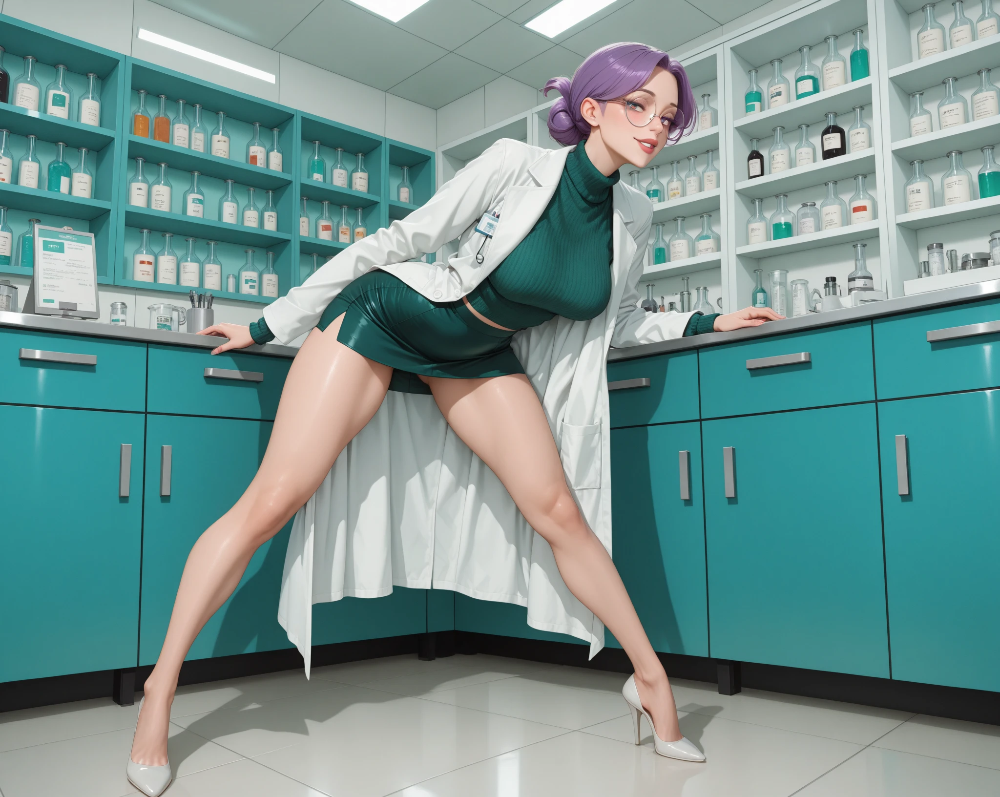 masterpiece, best quality, a sexy woman in a white lab coat posing near a health room door, 1girl, full body, breasts, solo, covered breasts, navel, looking at viewer, open clothes, shirt, bangs, long sleeves, smile, naked, white coat, lamp, collarbone, open shirt, stomach, indoors, sexy female teacher, school nurse, long hair, green hair, right hair over one eye, long-slitted and narrow eyes, slender face, medium breasts, slender woman, beautiful tits, beautiful ass