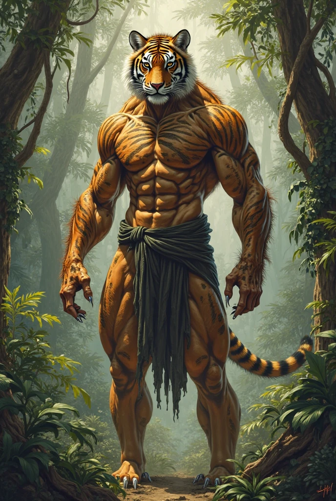 1 White Tiger Orc，No top，In the forest，Lay flat，No underwear，exposed，huge，Comfortable，Naps，muscular，young，Anime style