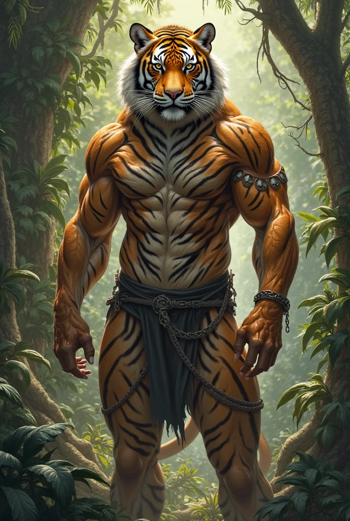 Generate an image of a male humanoid siberian tiger druid that is in his early twenties and has a scar across his face with a toned muscular build